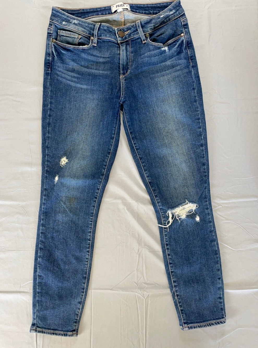 Paige 'Verdugo Crop' Destroyed Stretch Denim Jeans. Medium Wash, Women's 28. GUC